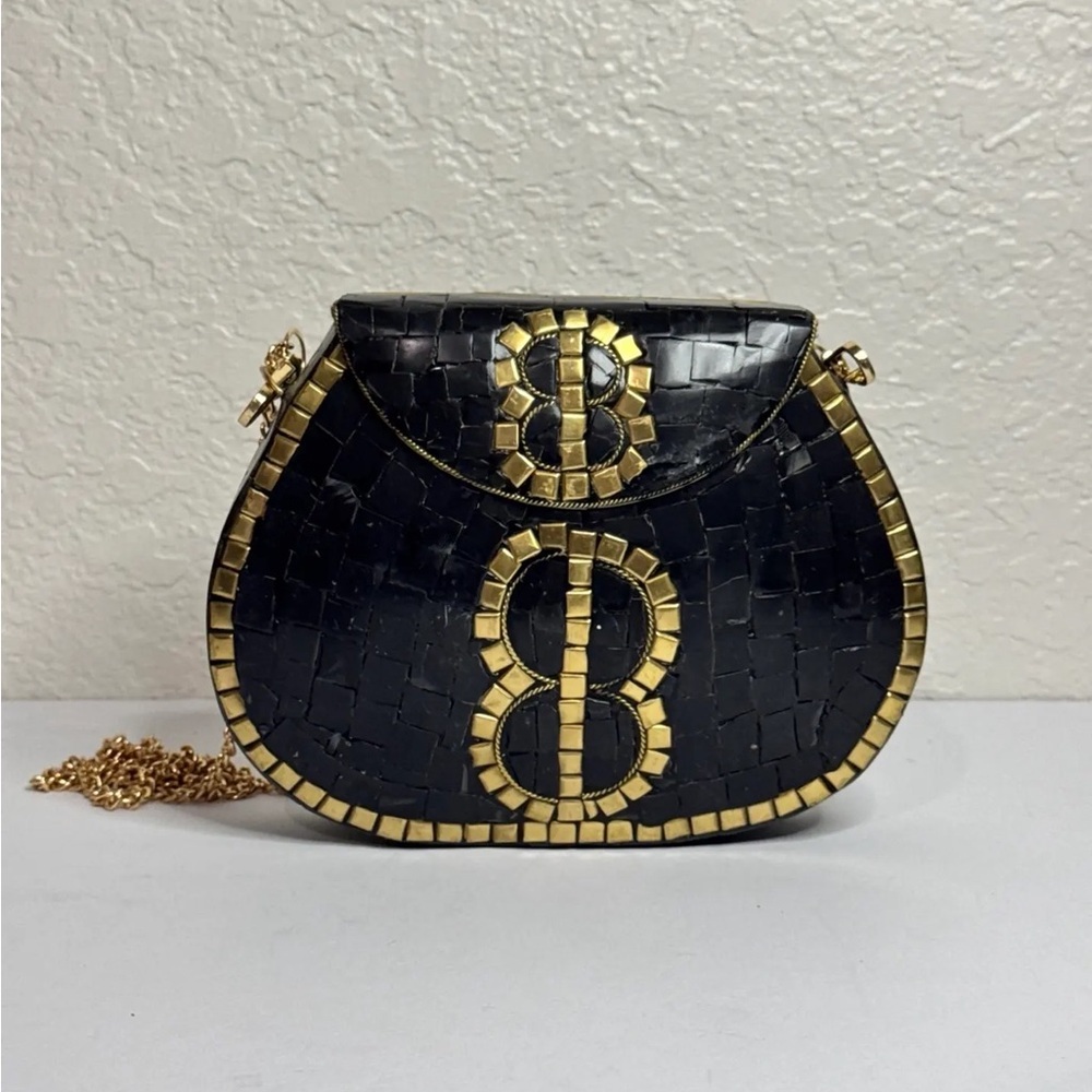 Ramla Porte-Moi Mosaic Stone Crossbody Bag Black and Gold